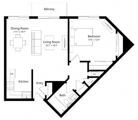 Floor plan for 1 bed, 1 bath, 704 sqft